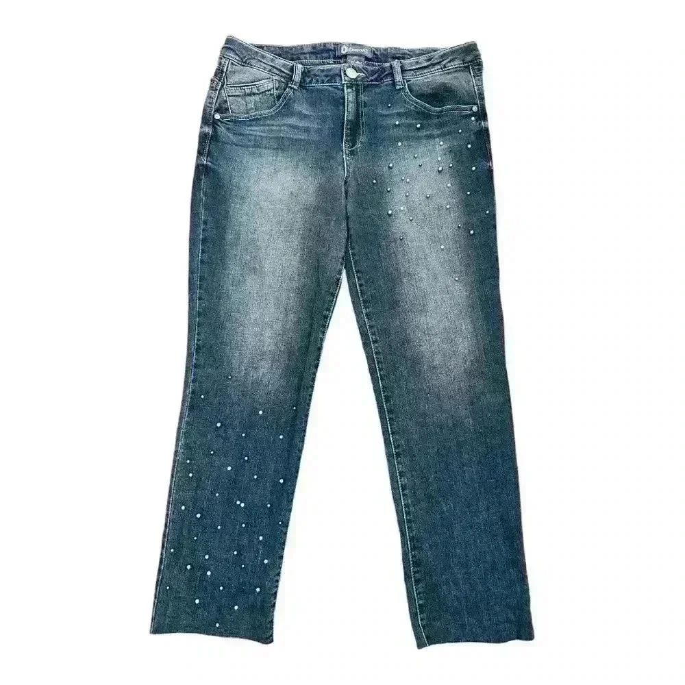 Democracy Flex-ellent Raw Hem Cropped Jeans Medium Wash Pearl Accents Women’s 10